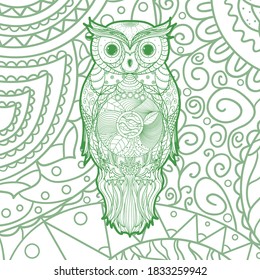 Square pattern on white. Abstract patterned owl. Hand drawn background