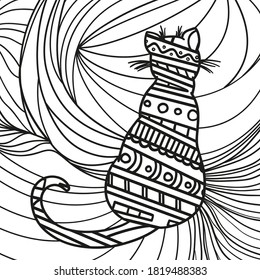 Square pattern on white. Cat on abstract square shape. Hand drawn abstract pattern. Black and white illustration