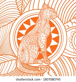 Quadratisches Muster auf Weiß. Ornate Katze. Handgezeichnetes Tier mit abstrakten Mustern