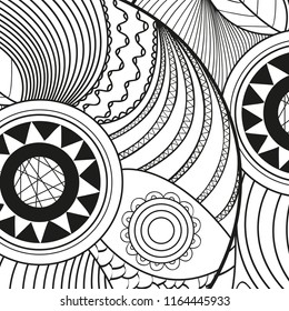 Square pattern on white. Zentangle. Hand drawn mandala on isolated background. Design for spiritual relaxation for adults. Print for flyers and banners. Black and white illustration for coloring
