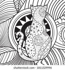 Square pattern on white. Zentangle. Cat on abstract square shape. Hand drawn abstract cat. Black and white illustration for colouring