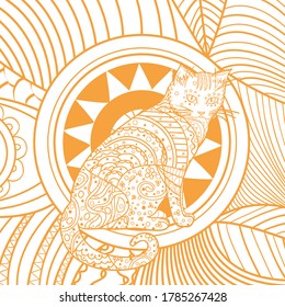 Square pattern with ornate cat. Hand drawn animal with abstract patterns