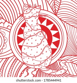 Square pattern with ornate cat. Hand drawn animal with abstract patterns