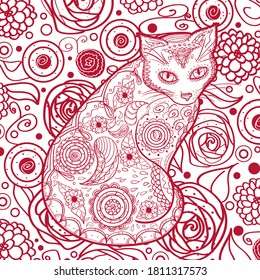 Square pattern with ornate cat. Hand drawn animal with abstract patterns