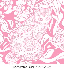 Square pattern with ornate cat. Hand drawn animal with abstract patterns. Print for polygraphy, t-shirts and textiles