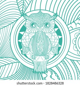 Square pattern with owl. Design Zentangle. Hand drawn line background