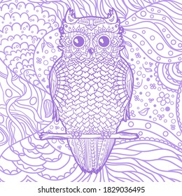 Square pattern with patterned owl. Design Zentangle. Hand drawn mandala with abstract patterns on isolation background. Colorful art
