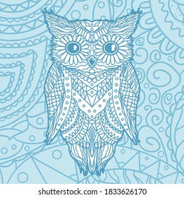 Square pattern with patterned owl. Design Zentangle. Hand drawn background. Colorful art