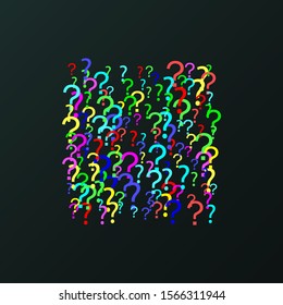 Square pattern of question marks scattered on a black background. Colorful poll template. Design for query background, faq, interrogation,  quiz, poll. Vector illustration