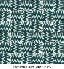 Square pattern repeat wavy wood carving illustration block printing design. Blue and beige background print. Vector illustration. Great for kids, outdoor adventure lovers and home decor projects