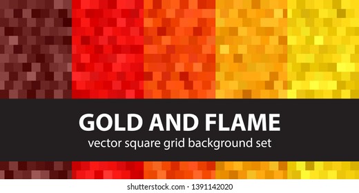 Square pattern set Gold and Flame. Vector seamless geometric backgrounds with maroon, red, orange, gold, yellow squares