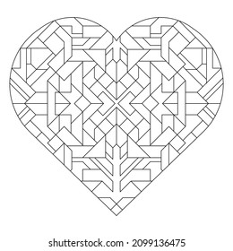 Square pattern in shape of heart. Art Deco ornament in Line Art style. Abstract retro doodle illustration. Anti stress coloring book page gift for hipster couples on Valentine’s Day. EPS8. #434