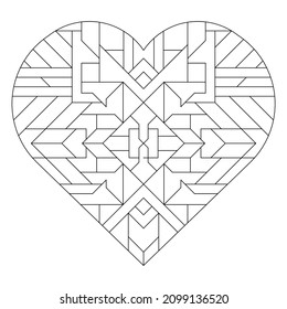 Square pattern in shape of heart. Art Deco ornament in Line Art style. Abstract retro doodle illustration. Antistress coloring book page gift for hipster couples on Valentine’s Day. EPS8. #426