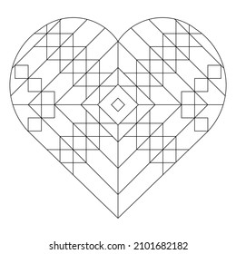 Square pattern in shape of heart. Art Deco ornament in minimalist Line Art. Abstract retro doodle illustration. Antistress coloring book page for hipster couples on Valentine’s Day. EPS8. #442