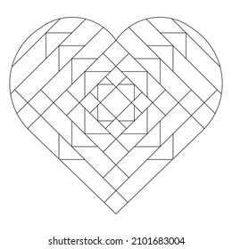 Square pattern in shape of heart. Art Deco ornament in minimalist Line Art. Abstract retro doodle illustration. Anti stress coloring book page for hipster couples on Valentine’s Day. EPS8. #443