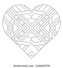 Square pattern in shape of heart. Art Deco ornament in Line Art style. Abstract retro doodle illustration. Antistress coloring book page gift for hipster couples on Valentine’s Day. 