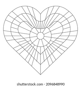 Square pattern in shape of heart. Decorative ornament in Line Art style. Abstract sun radiate light doodle illustration. Antistress coloring page for hipster couples on Valentine’s Day. EPS8.