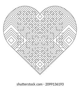 Square pattern in shape of heart. Decorative ornament in Line Art style. Stripes diamond doodle illustration. Antistress coloring page gift for hipster couples on Valentine’s Day. EPS8. #431 #432