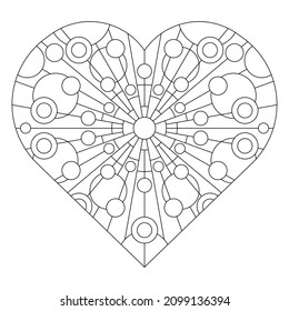 Square pattern in shape of heart. Decorative ornament in Line Art style. Abstract sun radiate light doodle illustration. Anti stress coloring page for hipster couples on Valentine’s Day. EPS8. #425