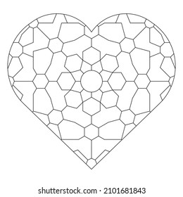 Square pattern in shape of heart. Decorative ornament in Line Art style. Geometric abstract flower illustration. Antistress coloring book page for hipster couples on Valentine’s Day. EPS8. #440