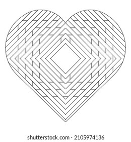 Square pattern in shape of heart. Decorative ornament in Line Art style. Stripes diamond doodle illustration. Anti stress coloring book page gift for couples on Valentine’s Day. EPS8.