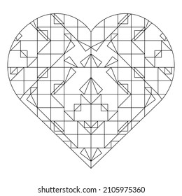 Square pattern in shape of heart. Decorative ornament in Line Art style. Checkered paper heart doodle illustration. Anti stress coloring page  for couples on Valentine’s Day. EPS8. 