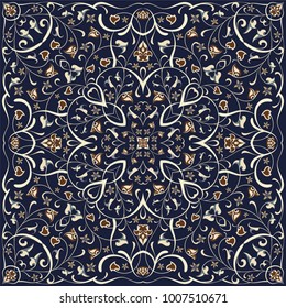 Square pattern for the silk scarf, scarf, printing factory, carpet. Arabic classic style. Vector illustration.