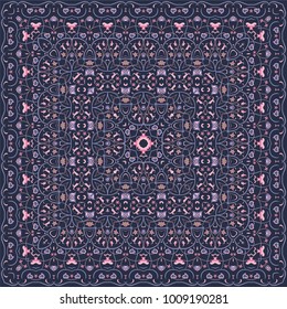 Square pattern for the silk scarf, scarf, printing factory, carpet. Arabic ornament purple and pink color. Vector illustration.