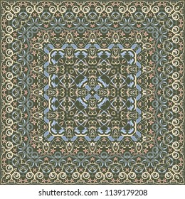 Square pattern for the silk scarf, scarf, printing factory, carpet. Arabic classic style. Vector illustration.