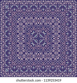Square pattern for the silk scarf, scarf, printing factory, carpet. Arabic classic style. Vector illustration.