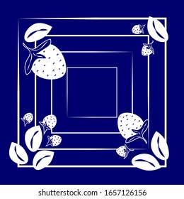 Square pattern with strawberries and leaves on bright blue background. White outline of berries and leaves and white repeat frame in style of hand drawing. Vector illustration for textile, wrapping.