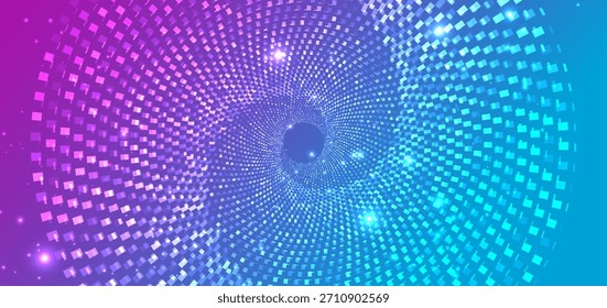 Square pattern swirl glowin lines on blue and pink background. Vector illustration