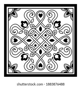 Square pattern of swirling lines,vegetation, hearts. Print for the cover of the book, postcards, t-shirts. Illustration for rugs.