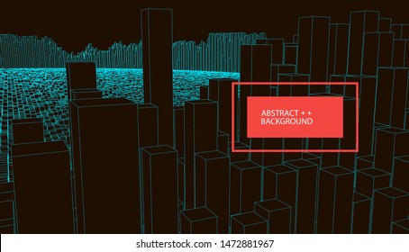 Square pattern. Wireframe landscape background. Futuristic vector illustration.