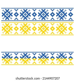 Square pattern with yellow and blue colour Ukrainian pixel design isolated on white background. Abstract floral lines for your designs