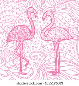 Square pattern with zen birds. Freehand art. Zentangle. Hand drawn patterned mandala with flamingos