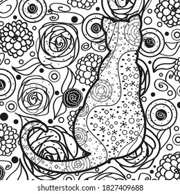 Square pattern with zen cat. Hand drawn abstract background. Design for spiritual relaxation for adults. Black and white illustration