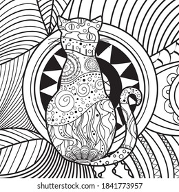Square pattern with zen cat. Hand drawn abstract background