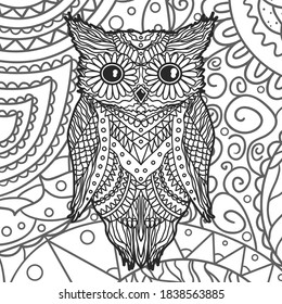 Square pattern with zen owl. Hand drawn abstract background