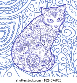 Square pattern. Zentangle. Hand drawn abstract cat. Design for spiritual relaxation for adults