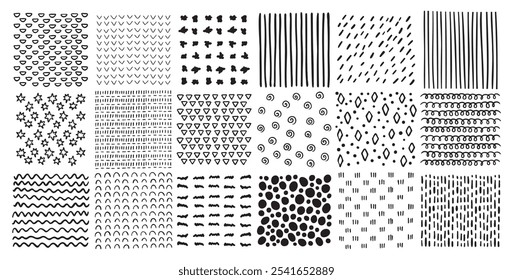 Padrões quadrados definidos. Padrões de estilo de rabiscar desenhados à mão. Quadrados eclodidos desenho abstrato técnicas, formas geométricas traçados. Ilustração vetorial