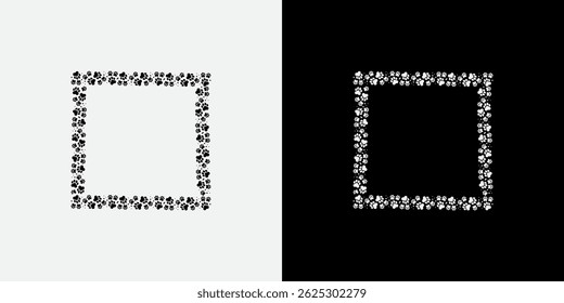 Square paw print frame on dual color background, vector illustration with black paw prints on white and white paw prints on black, pet-themed decorative border design.