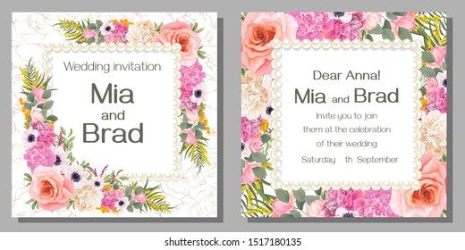 Square pearl frame. Pink and beige peonies, white anemones, eucalyptus, green plants and leaves, pink roses, mimosa, magnolia, background with gold.