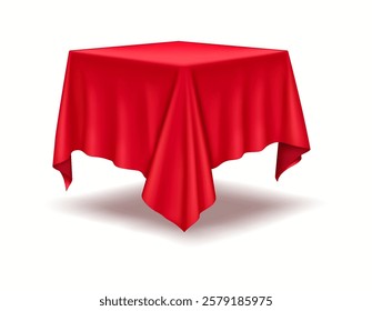 Square pedestal draped with luxurious red silk tablecloth realistic vector illustration. Showcasing products and announcements 3d object on white