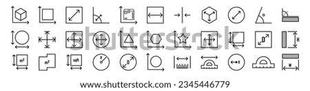 Square, perimeter, distance and diameter icons. Dimension, area and perimeter measure concept. Vector set of linear geometry icons. Geometric symbols collection.