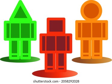 Square person icon with triangular, round and square head. Vector design illustration.
