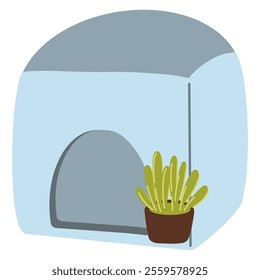 Square pet bed with a flower pot vector illustration, Blue colored pet house, cozy pet house, shadow