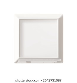 Square photo frame, 3d render on light bg. White picture flat lay mock up. Realistic painting vintage gallery wall, empty wood border with shadow, copy space. Isolated art print, gray display box