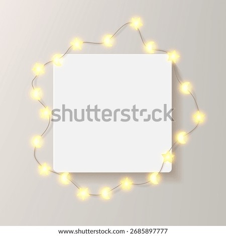 Square photo frame 3d render on light bg. White picture flat lay mock up, festive decor of star and moon light bulbs. Realistic painting gallery festoon, empty border shadow, greeting card copy space