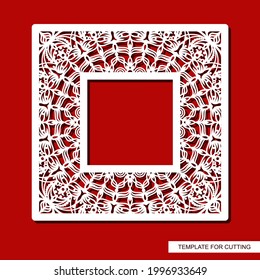 Square photo frame with a carved pattern. Openwork border with floral ornaments, curls. Oriental, indian motif. Vector template for plotter laser cutting of paper, metal engraving, wood carving, cnc.